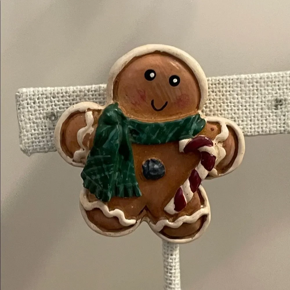 Vintage Festive Gingerbread Man Pin with Green Scarf & Candy Cane Christmas Pin